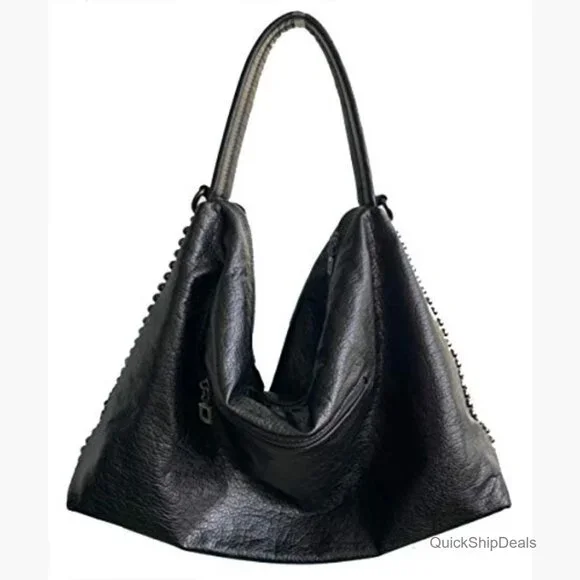 Soft Washed PU Leather Skull Chain Gothic Shoulder Bag Tote Satchel